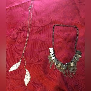 LOT OF 2 silver tone necklaces: 2 drop leaves; reflective black with fringe